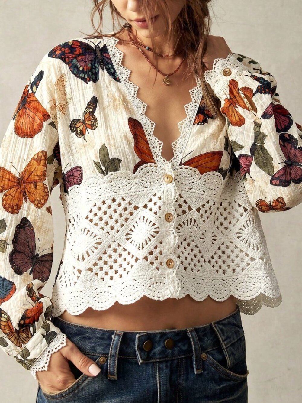 Apricot Boho Women's Deep V-Neck Butterfly Print Casual Blouse